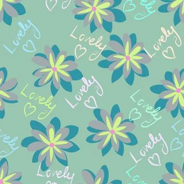 Lovely Text Vector repeating Pattern With Scattered Flowers On Green Stock Illustration