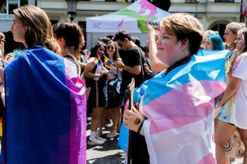 Lovely transgender man enjoying himself in a pride festival Stock Photos
