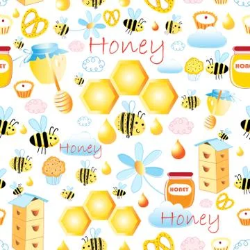 Lovely vector seamless pattern with bees and honey Stock Illustration