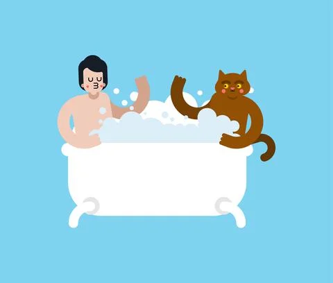 Lover cat Bathing in bath. Loving couple Boyfriend and cat. Romantic relation Stock Illustration