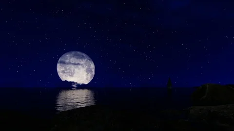 Lover couple sitting on the beach under the full moon against starry sky pann Stock Footage 118581065
