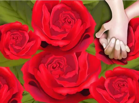 Lover Hands on Red Roses Pattern Background 스톡 일러스트