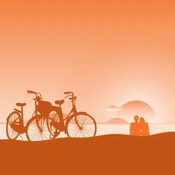 Lover looking at the sunset on the beach with bicycle at foreground Stock Illustration