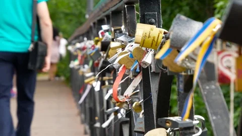 Lovers bridge with many padlocks Stock Footage 78059846