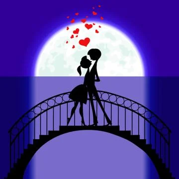 Lovers at bridge in moonlight Illustrazione stock