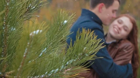Lovers Embrace Among Pine Trees During Snowfall Stock Footage 71565626