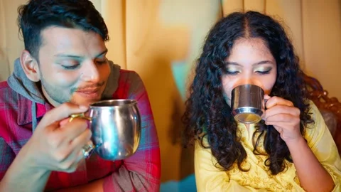 Lovers enjoying tea while talking and smiling together Stock-Footage 297243998