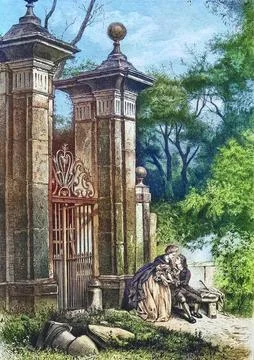 Lovers in front of the gate to a park 1880 England Historic digitally restored Ilustração Stock