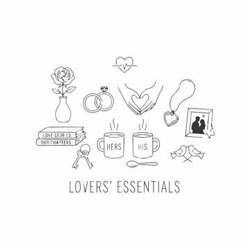Lover's gift icons set, romantic couple line art, love symbols Silhouette Stock Illustration