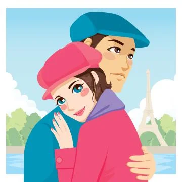 Lovers Hug Eiffel Tower Stock Illustration