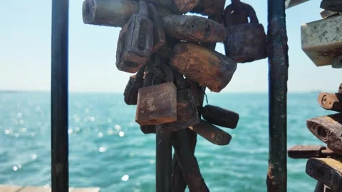Lovers Locks at the Sea Stock Footage 314729868