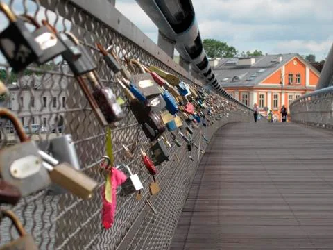 Lovers memory, padlocks on bridge over vistula river, krakow, poland Stock Photos