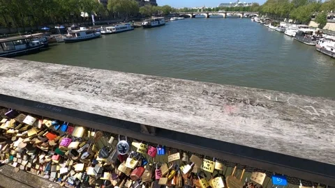 Lovers padlock on the bridge in Paris Stock Footage 191986244