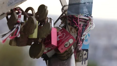 Lovers padlocks in Paris close up 4K Stock Footage 220561508