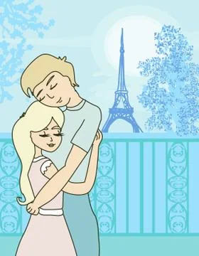 Lovers in Paris - romantic card with Eiffel tower Stock Illustration