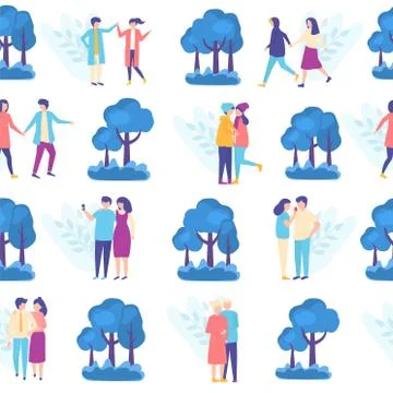 Lovers people in park seamless pattern, vector ilustration with romantic couples 스톡 일러스트