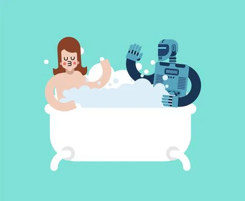 Lovers robot Bathing in bath. Loving couple cyborg and Girl. Romantic relatio Stock Illustration