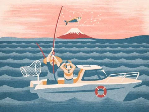 Lovers sea fishing under Fuji mountain Stock Illustration