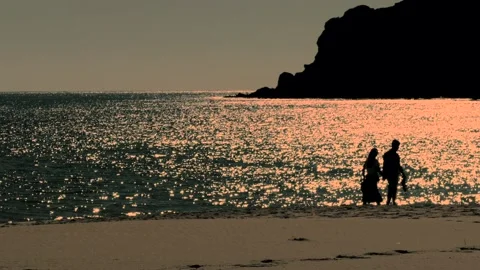Lovers Silhouettes at the Beach Stock Footage 148129430