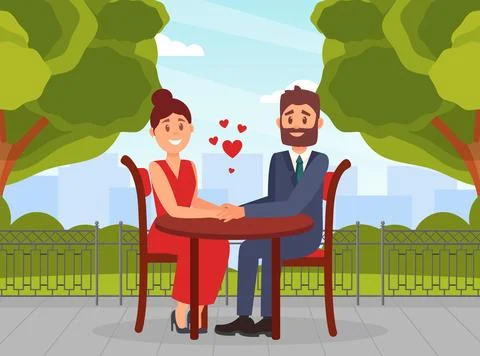 Lovers sitting sitting at table in park. Happy loving couple having date Illustration