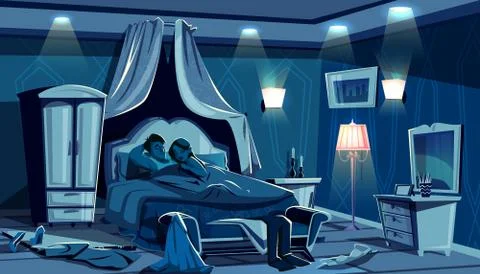 Lovers sleep in bed vector bedroom night lamps Stock Illustration