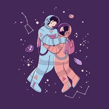 Lovers in space suits, in space. Space tourism, exploration, flight to mars. Stock Illustration