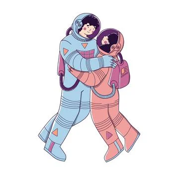 Lovers in space suits, in space. Space tourism, exploration, flight to mars. Stock Illustration