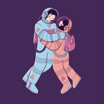 Lovers in space suits, in space. Space tourism, exploration, flight to mars. Stock Illustration