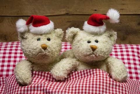 Lovers: two teddy bears sitting on christmas with hats in the bed. Stock Photos