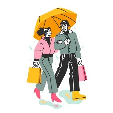 Lovers under the rain. Cute couple walking outdoor under umbrella Ilustração Stock