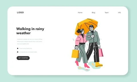 Lovers under the rain web banner or landing page. Cute couple Ilustração Stock