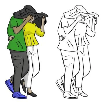 Lovers using a black jacket to protect rain vector illustration sketch doodle Stock Illustration