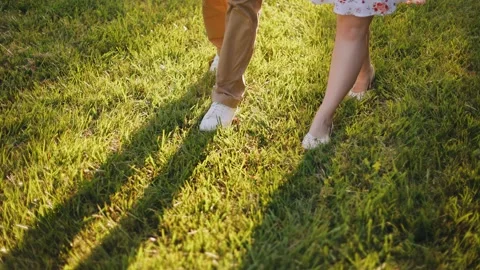 Lovers walk on the grass in the evening at sunset Stock Footage 250484668