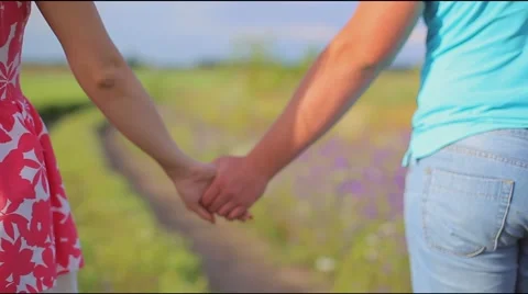 Lovers walk holding hands on the blossoming field.mp4 Stock Footage 56049638