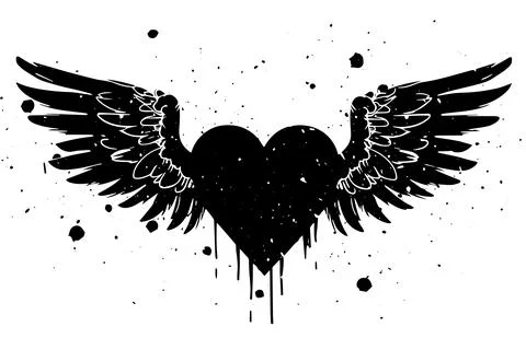 Love's Flight: Grungy Angel Wings and Heart Vector Illustration. Tattoo Design. Stock Illustration
