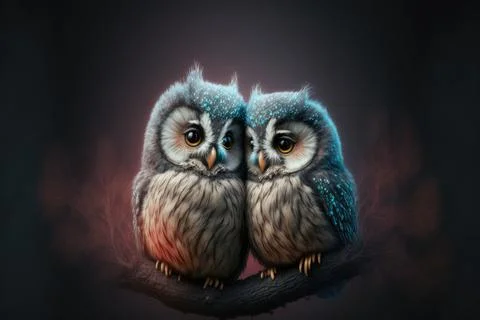 Lovey-dovey owls in love. Cute lovers two ducks close together. Generative AI Stock Illustration