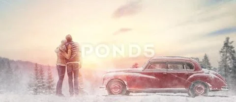 Loving couple and vintage car Stock Photos