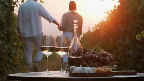 Loving couple in blur walking through vineyards holding hands at sunset Stock Footage 287234941