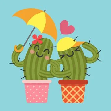 Loving couple of cactus Stock Illustration