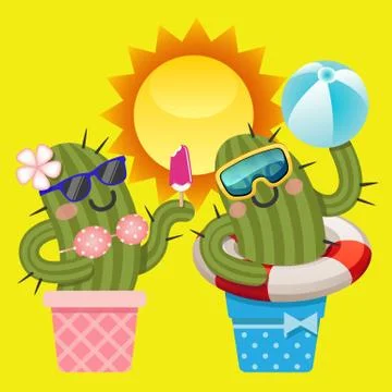 Loving couple of cactus with summer theme Stock Illustration
