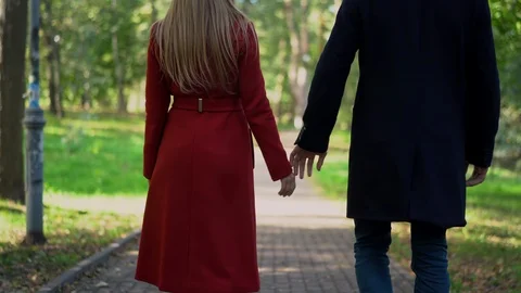 Loving couple holds hands while walking in the park. Stock Footage 102439877