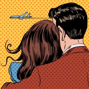 Loving couple looking at a plane taking off in the sky Stock Illustration