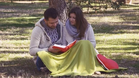 Loving couple reading a book Stock Footage 73096262