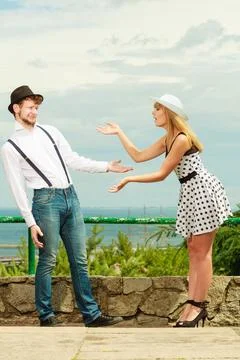 Loving couple retro style flirting outdoor Fotos Stock