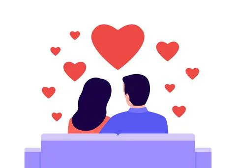 Loving couple sits on sofa, back view. Family of lovers young man and woman Stock Illustration