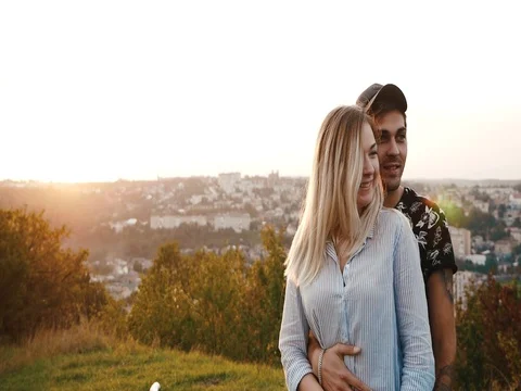 Loving couple at sunset. Tenderness of lovers Stock Footage 80481122