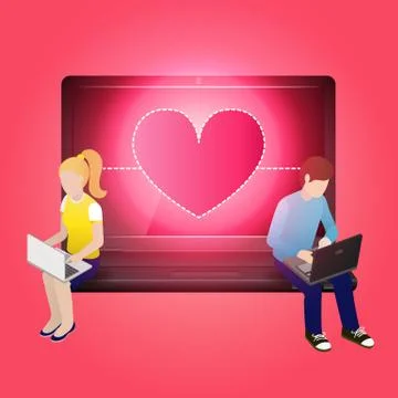 Loving couple using laptop and sitting on laptop Stock Illustration