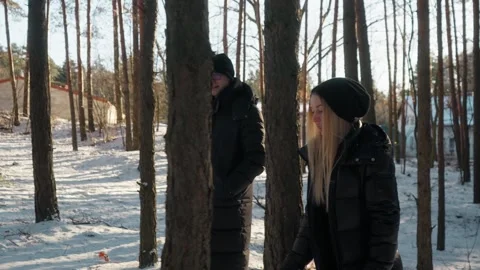 Loving couple on a winter date, strolling and talking in a snowy park. Stock Footage 311955438
