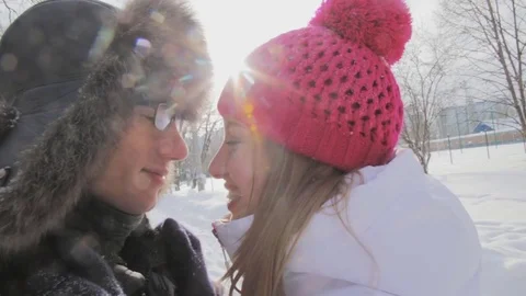 Loving couple in the winter forest Stock Footage 72614176