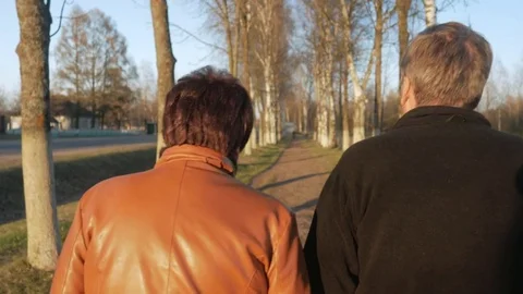 Loving elderly couple walking in the park at sunset. Nearby there is a road. A Stock Footage 75041377